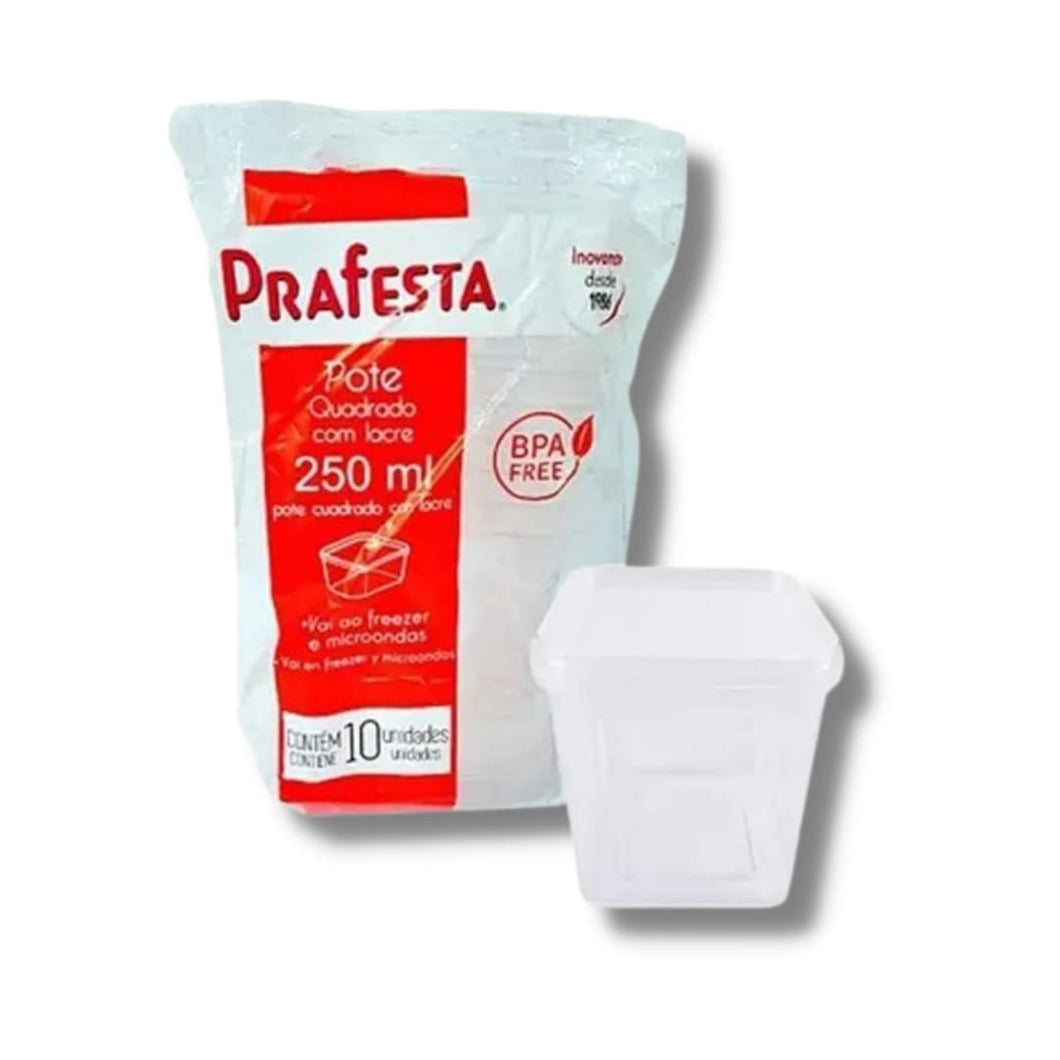 Pote Quadrado Freezer e Micro-ondas 250ml com Lacre Prafesta c/10 un